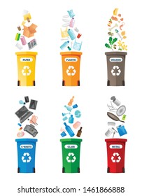 Recycling vector illustration. Labeled isolated waste collection icon set. Container for paper, plastic, organic, electronic, glass and metal rubbish. Renewable, sustainable earth pollution solution.