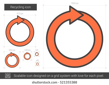 Recycling der Vektorgrafik Symbol einzeln auf weißem Hintergrund. Recycling-Line-Symbol für Infografik, Website oder App. Skalierbares Symbol, das auf einem Gittersystem entworfen wurde.
