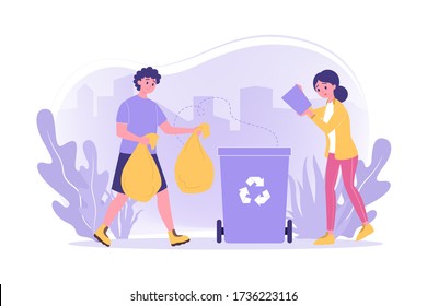 Recycling, volunteering, ecology, work concept. Team couple man woman workers boyfriend girlfriend volunteers in park do cleanup nature together. Environmental care process eco friendly illustration.