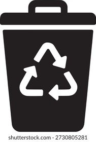 Recycling waste bin icon symbolizing waste management, recycling process, and environmental protection. Simple black flat icon isolated on white background.