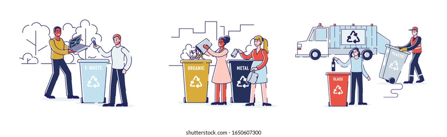 Recycling Waste Concept. People Are Sorting Garbage And Throwing Differents Types Of Trash Into Appropriate Recycle Bins. Set Of Cartoon Outline Flat Vector Illustrations