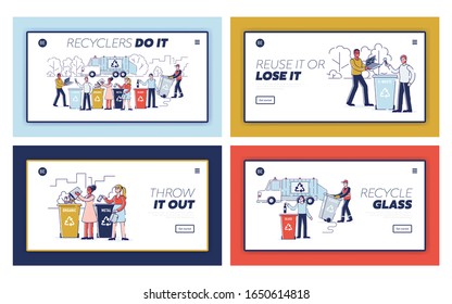 Recycling Waste Concept. Website Landing Page Set. People Are Sorting Garbage And Throwing Trash Into Appropriate Recycle Bins. Set Of Cartoon Outline Flat Vector Illustrations.