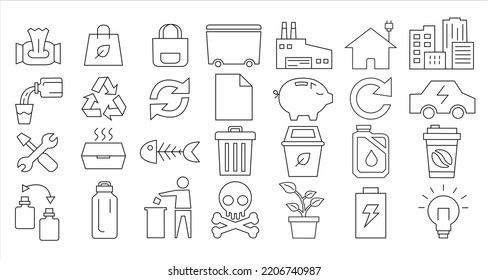 
recycling waste line icons. Garbage disposal. Trash separation, waste sorting with further recycling. Editable stroke
light energy. green power. green energy. plant power. water bottlebott. paper.