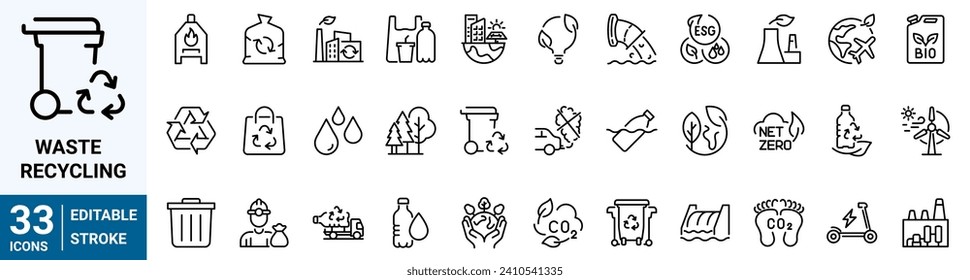 recycling waste line icons. Garbage disposal. Trash separation, waste sorting with further recycling. Editable stroke