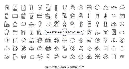 recycling waste line icons. Garbage disposal. Trash separation, waste sorting with further recycling. Editable stroke Vector illustration.