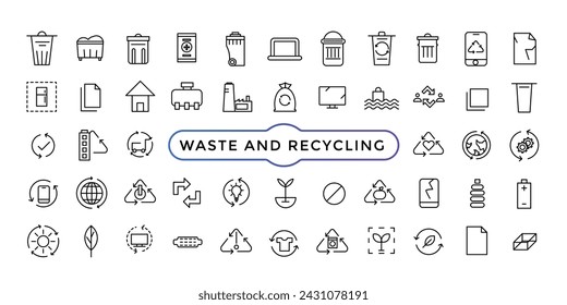 recycling waste line icons. Garbage disposal. Trash separation, waste sorting with further recycling. Editable stroke Vector illustration.