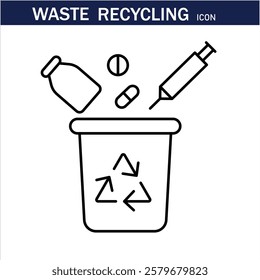 recycling waste line icons. Plastic bottle, biodegradable trash, junk truck, landfill, paper, glass, battery, conveyor vector illustration. Outline signs about garbage recycle. Editable Stroke .Eps 10