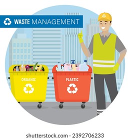 Recycling, waste management concept. Full сontainers for separate waste collection. Garbage cans for plastic and organic trash, caucasian garbage collector in special uniform. Flat vector illustration