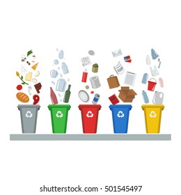 Recycling, waste management,  garbage, metal, glass, bio, paper, trash, flat vector illustration on a white background