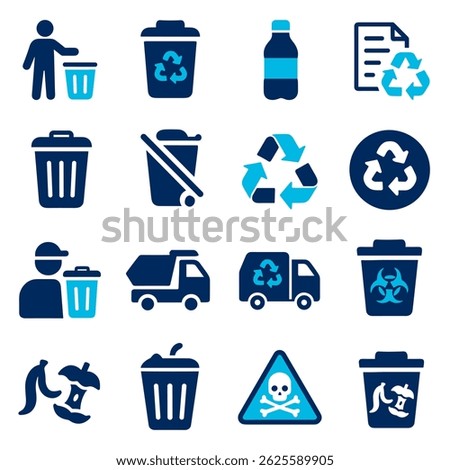 Recycling and Waste Management Icon Set Blue and Dark Blue Vector Graphics