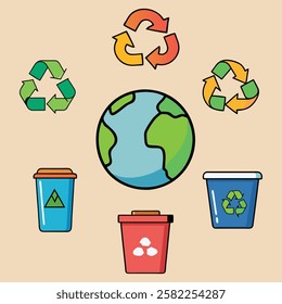 Recycling and Waste Management Icons . A set of six colorful icons focused on recycling useable in Earth Day.