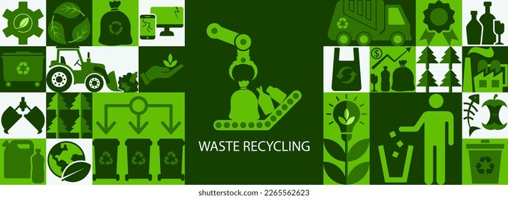 Ilustración vectorial de reciclado y gestión de residuos. Concepto verde con íconos para recolección de basura, recursos y reciclaje de varios tipos de basura y basura. Banner vectorial, afiche, volante