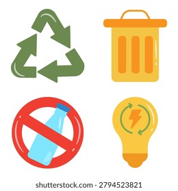 Recycling and Waste Reduction Flat Color Icon Set Illustration