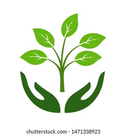 Recycling and waste reduction. Icon of hands carefully holding green leaves. Symbol of ecology, environmental awareness, nature protection concept. Vector Illustration. Plant in hand