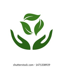 Recycling and waste reduction. Icon of hands carefully holding green leaves. Symbol of ecology, environmental awareness, nature protection concept. Vector Illustration. Plant in hand