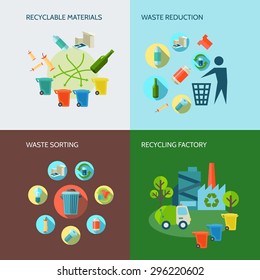 Recycling and waste reduction icons set with materials and sorting flat isolated vector illustration 