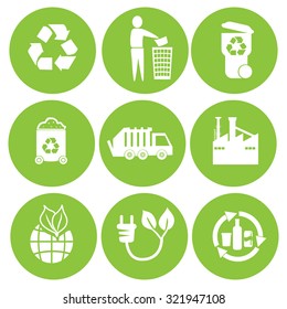 Recycling and waste reduction icons set with materials and sorting flat isolated vector illustration.