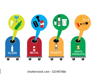 Recycling and waste reduction icons set with materials and sorting flat isolated vector illustration