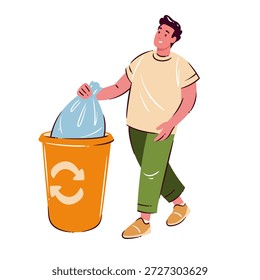 Ilustración vectorial de dibujos animados de clasificación de residuos de reciclaje con un hombre arrojando bolsas de basura a un contenedor de reciclaje, símbolo de flechas circulares, comportamiento ecológico, hábito diario sostenible.