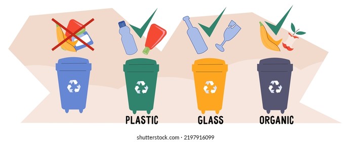 Concepto de reciclado y clasificación de residuos que muestra los principios de separación de residuos derecha, ilustración vectorial plana aislada en fondo blanco.