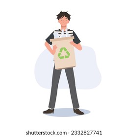 recycling, waste sorting and sustainability concept. Man holding recycle box full of used glass. Flat vector cartoon illustration