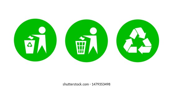 Recycling waste utilization icons set. No littering sign in green circle, isolated on white background. Vector illustration