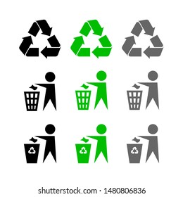 Recycling waste utilization icons set. No littering sign in black, green and gray colors, isolated on white background. Vector illustration