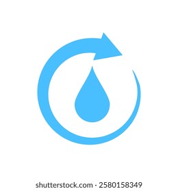 Recycling water icon design in flat style. Blue refresh arrow with water drop.