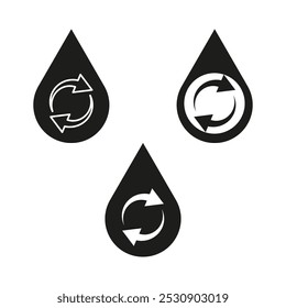Recycling water icons. Drop shaped symbols. Black and white arrows. Vector illustration.