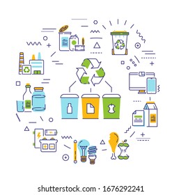 Recycling web banner. Garbage sorting. Zero waste lifestyle. Eco friendly. Infographics with linear icons on green background. Isolated outline color illustration.