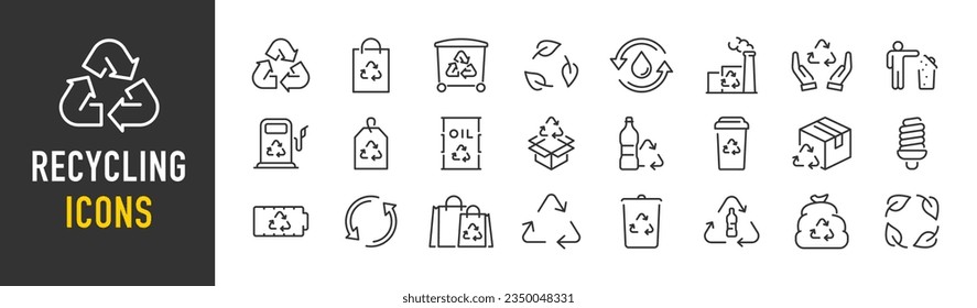 Recycling web icons in line style. Garbage, environmental, plastic, organic waste, recycle plant, collection. Vector illustration.