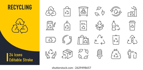 Recycling web icons in line style. Garbage, environmental, plastic, organic waste, recycle plant, collection. Vector illustration.