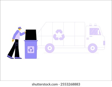 Trabalhador De Reciclagem Descartando Lixo Em Lixeira Com Caminhão De Reciclagem Em Ilustração De Vetor Plano Simbolizando O Gerenciamento De Resíduos E Sustentabilidade, Isolado Em Fundo Branco