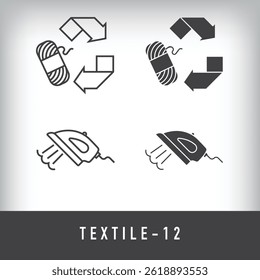 Reciclagem de fios, passar, projetos ecológicos e têxteis. Simples linear e plano conjunto de ícones de arte artística.