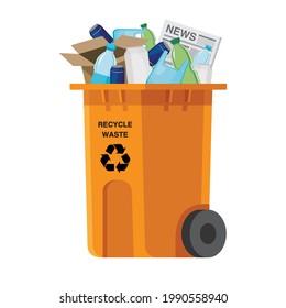 Recycling, Gelbbin oder Recycling-Papierkorb für die Beseitigung von Müll wie Dosen, Wasserflaschen, Papier auf weißem Hintergrund. Vektorgrafik.