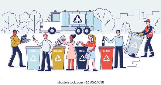 Recycling And Zero Waste Concept. People Are Sorting Garbage Throwing Trash Into Appropriate Recycle Bins. Refuse Collector Loading Waste Into Garbage Truck. Cartoon Outline Flat Vector Illustration.