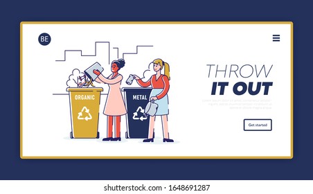 Recycling And Zero Waste Concept. Website Landing Page. Women Are Sorting Organic And Metal Garbage Throwing Trash Into Appropriate Recycle Bins. Web Page Cartoon Outline Flat Vector Illustration.