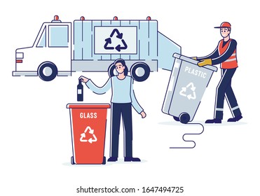 Recycling And Zero Waste Concept.Woman Is Sorting Garbage Throwing Bottle Into Recycle Bin. Refuse Collector Loading Waste Into Garbage Truck. Cartoon Outline Flat Vector Illustration.