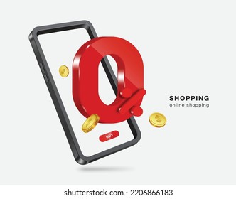 Red 0% numbers and gold coins float on smartphone screen. For making promotional media about reducing interest and fees to 0%,vector 3d isolated on white background for online shopping promotion sale