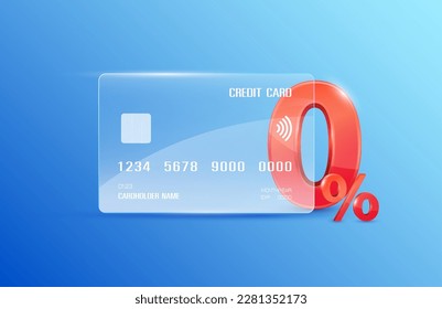 Red 0% text in credit card white transparent. Zero percent for special offer buy pay transfer money. Isolated on blue background. Financial business concept. 3D vector illustration.