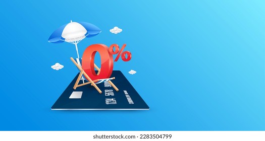 Red 0% text in deck chair, umbrella on credit card. Zero percent for special offer. Travel with credit card. Privileges buy pay transfer money all over the world. Financial business concept. 3D vector