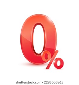 Red 0% text. Zero percent for special offer buy pay transfer money. Isolated on blue background. Financial business concept. 3D vector illustration.