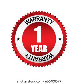 Red 1 year warranty badge, button with silver border.vector illustration