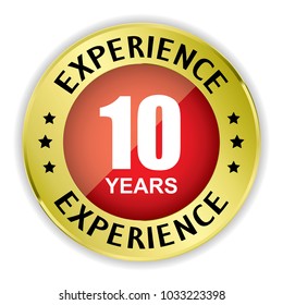 Red 10 years experience badge with gold border on white background.vector illustration