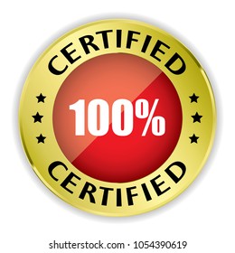 Red 100% Certified badge with gold border on white background.vector illustration