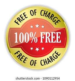 Red 100% free,free of charge badge with gold border on white background.vector illustration