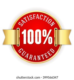 Red 100 percent satisfaction badge with gold border and ribbon