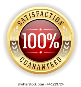 Red 100 percent satisfaction button, badge with gold border