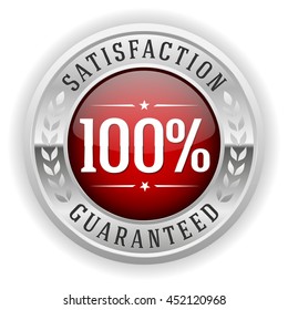 Red 100 percent satisfaction button, badge with silver border on white background