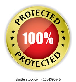 Red 100% Protected badge with gold border on white background.vector illustration